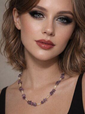 Amethyst Chip Bead Necklace Purple Gemstone Golden Accents Boho Natural Stone...